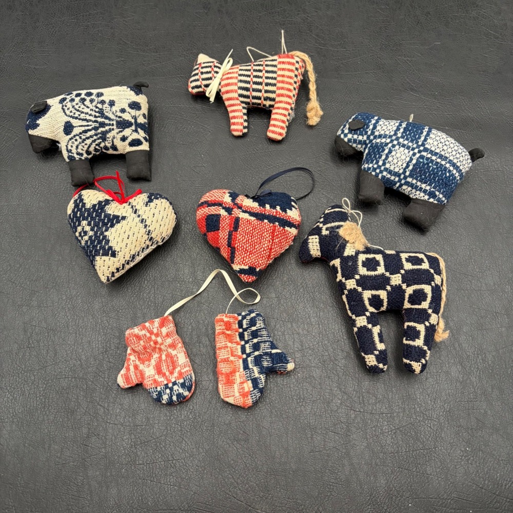 8pc Vintage Style Woven Fabric Folk Art Ornaments Sheep Horse Heart Mitten Decor